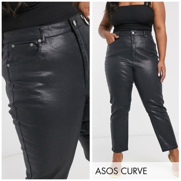 nwot ASOS Curve, High-Rise Farleigh Mom Jeans in Coated Black - Size 16W - Picture 1 of 11